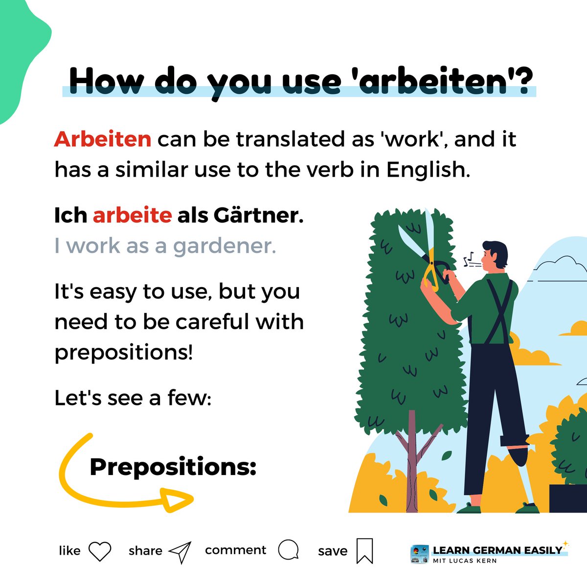 LearnXDGerman's tweet image. Do you know how to use the verb arbeiten? It&apos;s a fairly simple verb, but it can have different uses depending on what preposition you accompany it with. Swipe the pictures to learn more! 😉

🇩🇪 Was machst du beruflich? Schreib es in die Kommentare.

#learngermaneasily