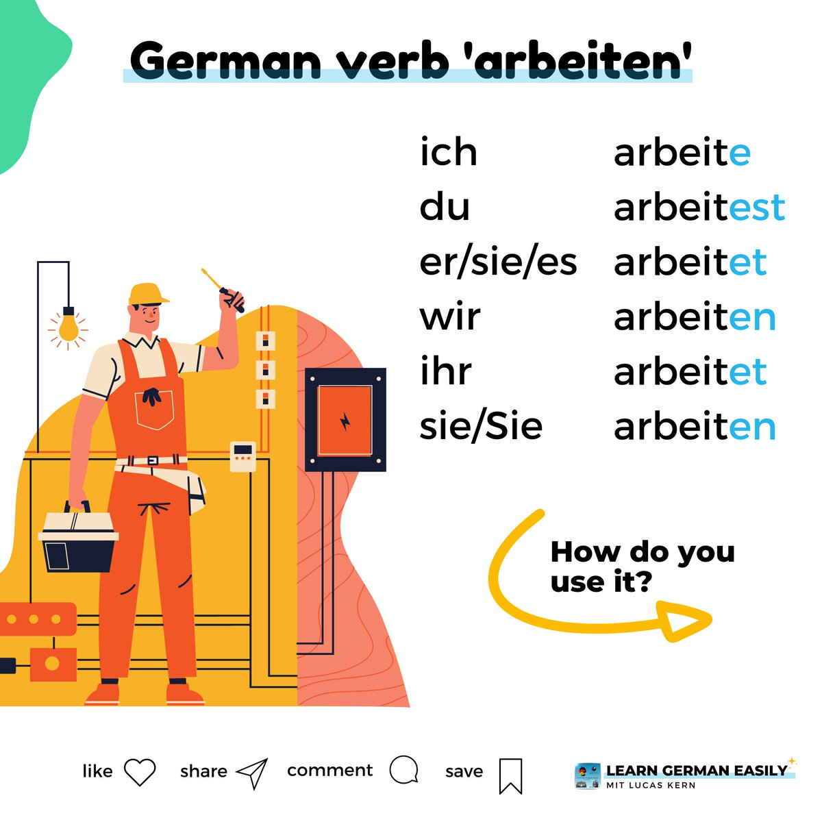 LearnXDGerman's tweet image. Do you know how to use the verb arbeiten? It&apos;s a fairly simple verb, but it can have different uses depending on what preposition you accompany it with. Swipe the pictures to learn more! 😉

🇩🇪 Was machst du beruflich? Schreib es in die Kommentare.

#learngermaneasily