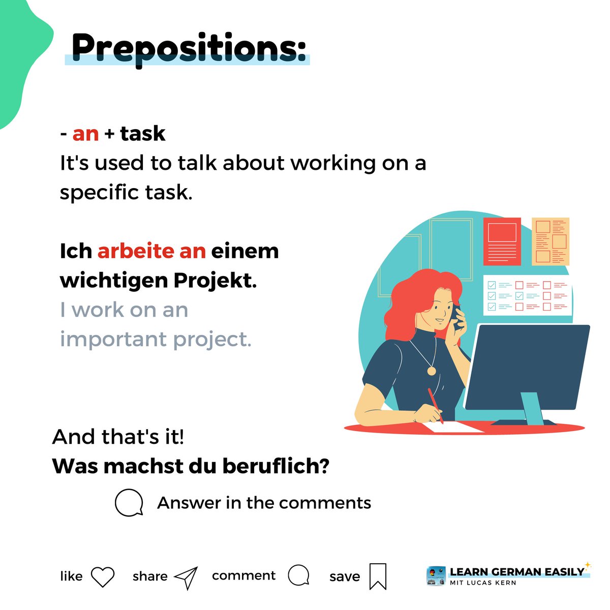 LearnXDGerman's tweet image. Do you know how to use the verb arbeiten? It&apos;s a fairly simple verb, but it can have different uses depending on what preposition you accompany it with. Swipe the pictures to learn more! 😉

🇩🇪 Was machst du beruflich? Schreib es in die Kommentare.

#learngermaneasily