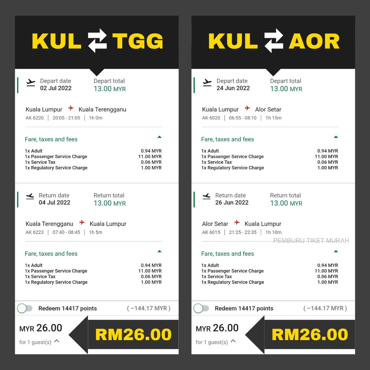 pmbrutiketmurah's tweet photo. Tiket AirAsia terbang sehala serendah RM13, pergi balik RM26!

Yang ada plan trip tahun depan, boleh usha dekat AirAsia sekarang

KUL - PEN - KUL 👉 RM26 
KUL - AOR - KUL 👉 RM26 
KUL - TGG - KUL 👉 RM26 
KUL - JHB - KUL 👉 RM26
KUL - LGK - KUL 👉 RM78 
KUL - KBR - KUL 👉 RM78 https://t.co/NpFZDLX8ZV