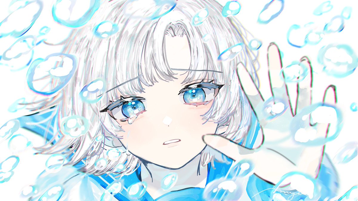 1girl solo blue eyes white hair tears looking at viewer sailor collar  illustration images