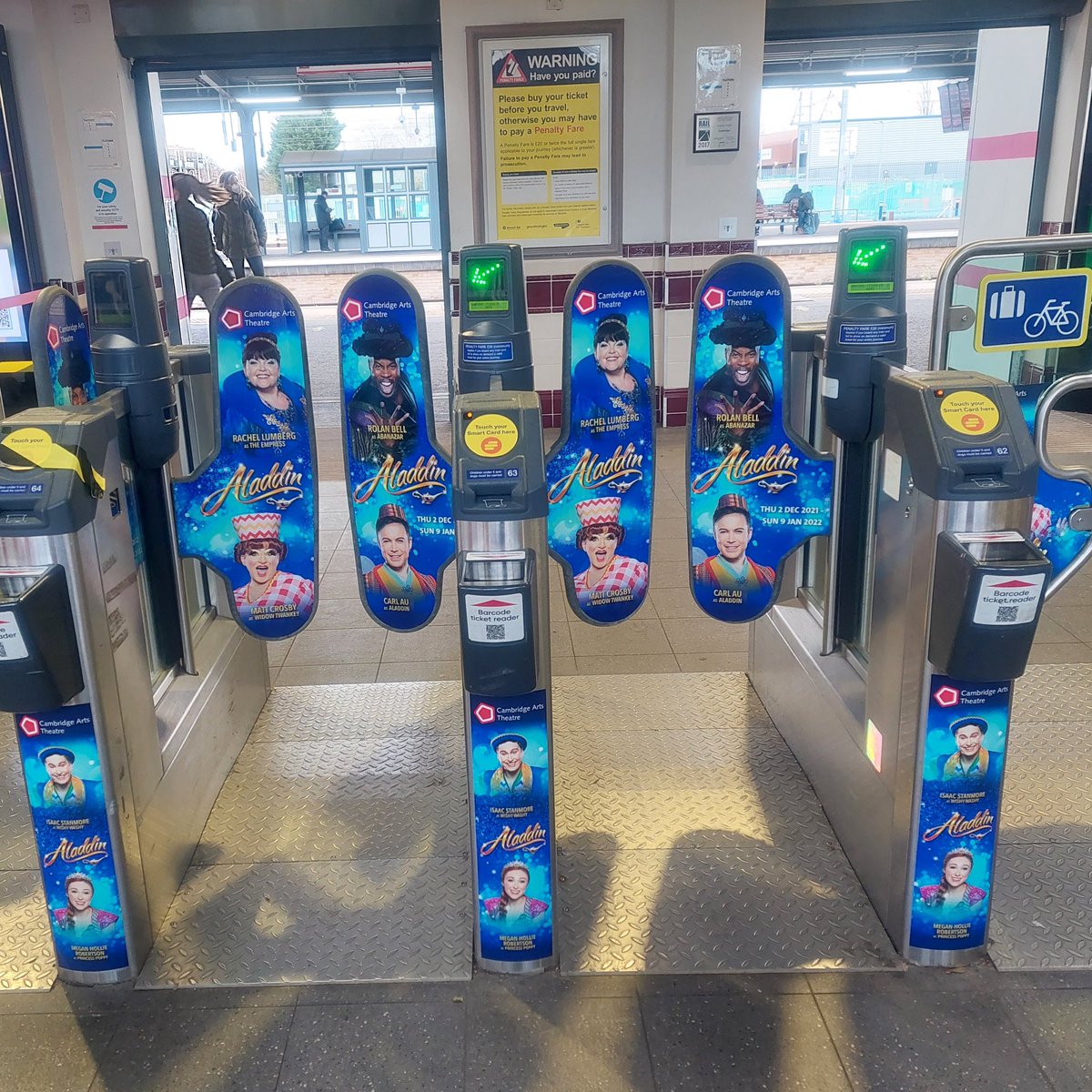 Happy December 🎄 If you’re travelling via train into Cambridge this Christmas you won’t miss our fantastic Aladdin ticket barriers at Cambridge Station! 🚂 

#Aladdin #Panto #Pantomime #Cambridge #CambridgeStation
