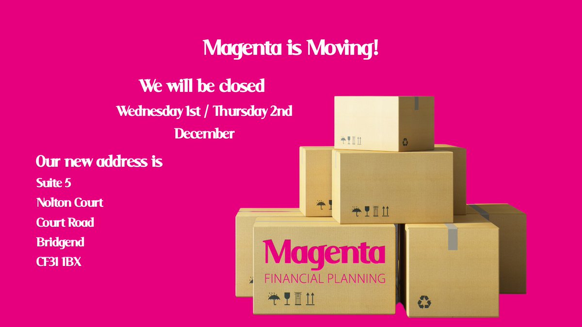 MagentaFP's tweet photo. Magenta is Moving!
The Magenta Office will be closed on Wednesday 1st and Thursday 2nd December.
Our new address is, Suite 5, Nolton Court, Bridgend, CF31 1BX.
We can’t wait to show you the new office space!
#MagentaFinancialPlanning #BridgendBusiness #OfficeMove #MovingOffices https://t.co/L75wzHJuWe