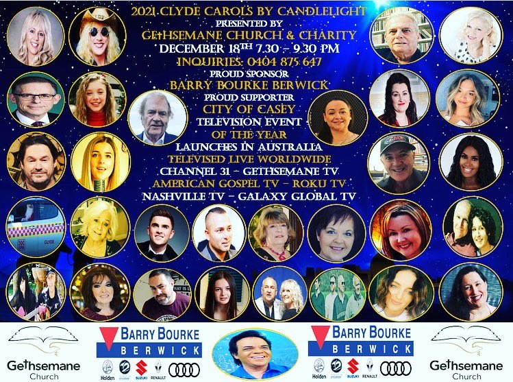 I am delighted to announce I will be performing in the 2021 Clyde Carols by Candlelight. Presented by Gethsemane Church and Charity. This Television Spectacular can be watched:
7:30pm - 9:30pm AEST 
Sat 18th Dec 2021.
#christmascarols #carolsbycandlelight