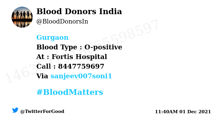 BloodDonorsIn's tweet image. #SOS
#Gurgaon
Need #Blood Type :  O-positive
Blood Component : Blood
Number of Units : 2
Primary Number : 8447759697
Patient : Yuvraj
Via: @sanjeev007soni1
#BloodMatters
Powered by Twitter