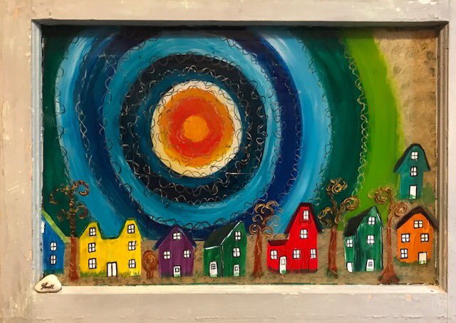 WAVE Artists on parade, #batik by Marriane Gopalkrishna #pottery by Gabrielle Neuschwander and #acrylic  A Little Village by Glenda Knoll.  Three great artists doing what they love and all for you.  #interlakeart #waveartistsstudiotour