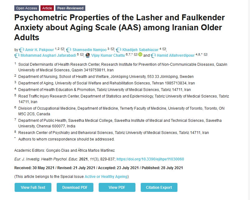 Welcome to read👉'#Psychometric Properties of the Lasher and Faulkender #Anxiety about #Aging Scale (AAS) among Iranian #OlderAdults' by Prof. @amir_pakpour et al. @vkchattu: mdpi.com/2254-9625/11/3…
#crosssectionaldesign #depression #Iran #lasheranxietyagingscale