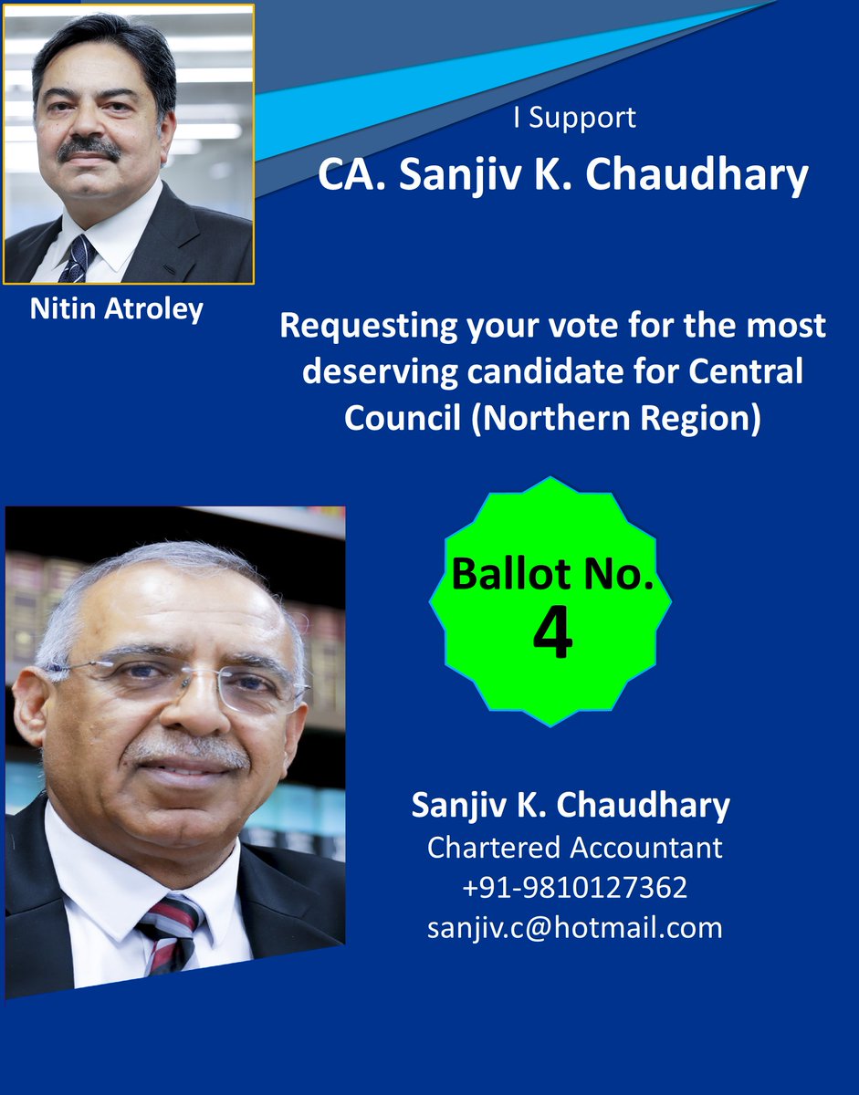 AtroleyNitin's tweet photo. I enthusiastically endorse Sanjiv Kumar Chaudhary, he will surely make a positive contribution to the CA profession. Kindly cast your first/best preference vote in his favour in the ICAI Central Council elections on the 3rd and 4th of Dec https://t.co/nEFNCKIFBz