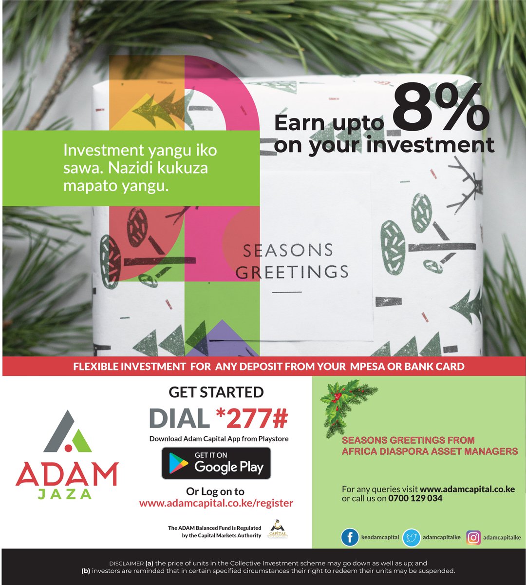 adamcapitalke's tweet photo. We wish you a Happy Holiday Season.
#jazakukaza
#jaza
#adapcapitalke
#investmentkenya
#WenesdayMotivation
#wenesdaymood https://t.co/HWezEctZeW