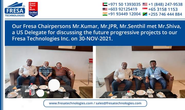 fresatechnology's tweet photo. Our Fresa Chairpersons Mr.Kumar, Mr.JPR, Mr.Senthil met Mr.Shiva, a US Delegate for discussing the future progressive projects to our Fresa Technologies Inc. on 30-NOV-2021.
#freightforwardingsoftware #fresa
#shipping_industry #freight_forwarder
#website #webdesign https://t.co/kQIIS8HsDj