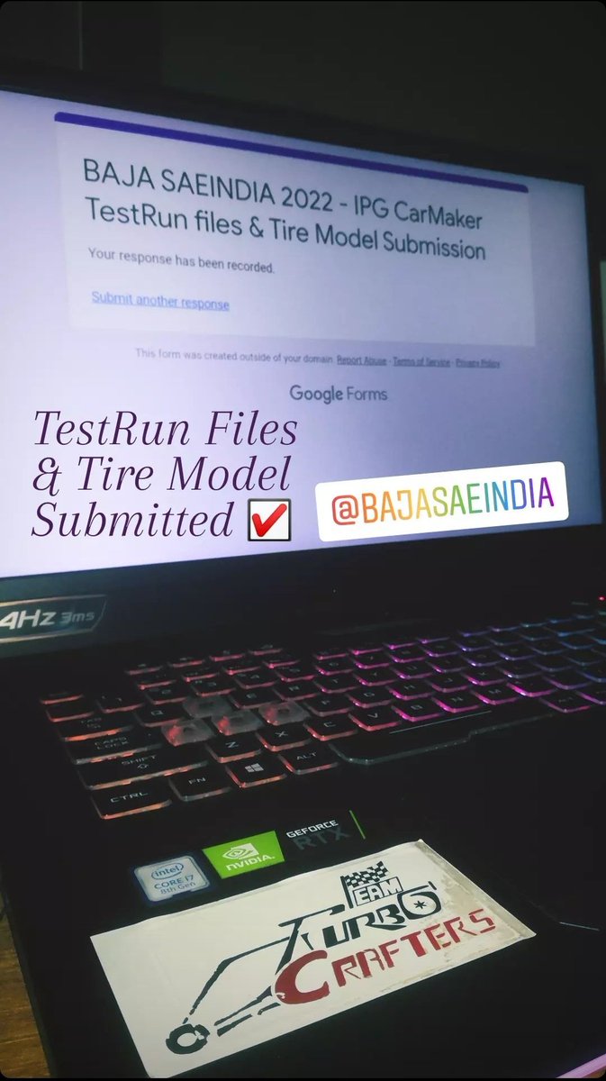 turbocrafters's tweet photo. IPG CarMaker TestRun files &amp; Tire Model Submitted. ✅

#GoTTC #BAJASAEINDIA #RaceTheLimits https://t.co/9vPlBvEWay