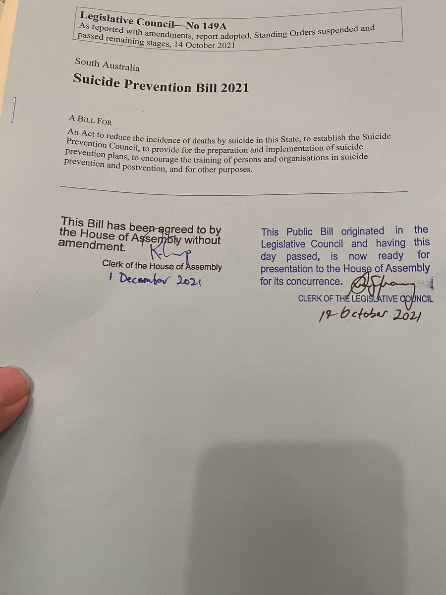 Suicide Prevention Bill has just passed the House and will now proceed to Governor. The first Australian legislation of its type, it is a significant moment. Thanks to the very many people who have contributed: pleased to help in my small way managing the Bill through the House.