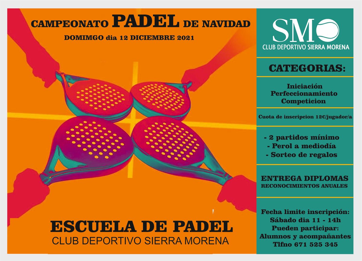 Abierto el@plazo de inscripción para nuestro torneo de pádel de navidad. Para alumnos de nuestra escuela y acompañantes.
Al finalizar entrega de diplomas a ganadores se entregarán diplomas a distinciones especiales del año.
Entre otros al MEJOR MEJOR JUGADOR DEL AÑO,entre otros