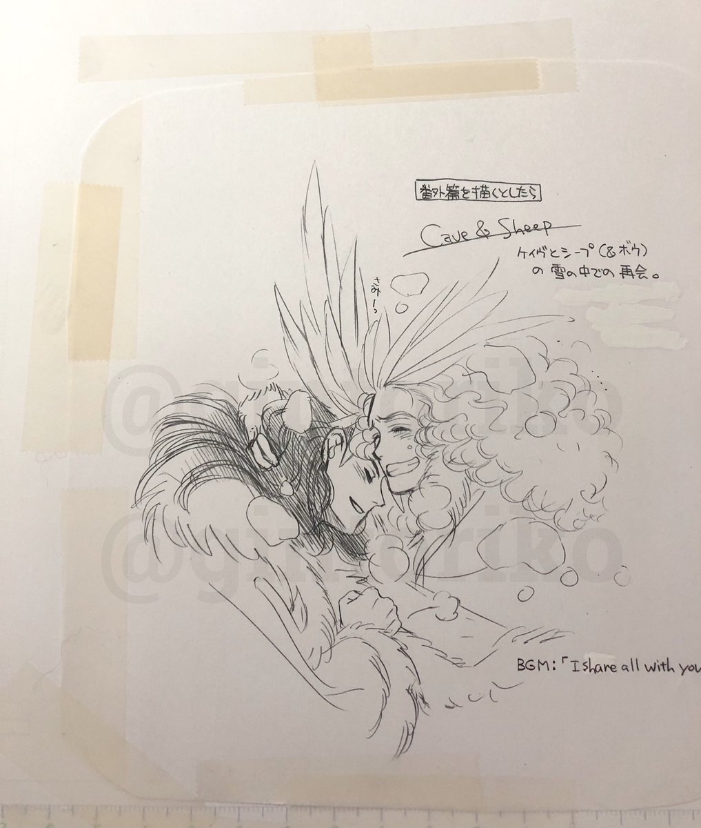 13年前のアナログ原稿(鉛筆ラフ画をOA用紙にコピーして原稿用紙に貼り付けたもの/24時間365日エアコン除湿で保管)、左から貼り付けに使った物はペーパーセメント、メンディングテープ、スティックのり…… 長期間保存では案外とスティックのりが優秀みたい。愛用していたのはPitかPrittだと思います