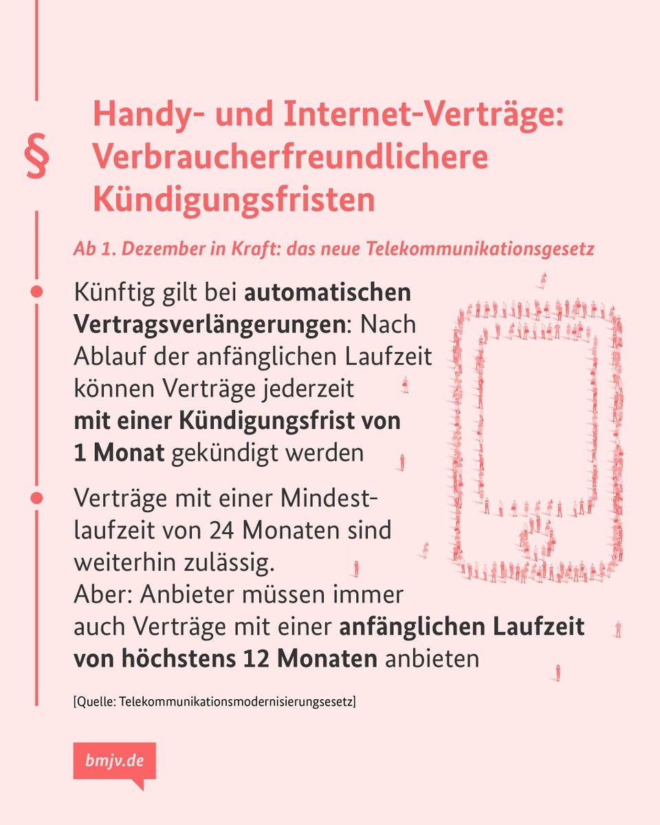 Handy- und Internet-Verträge: Verbraucherfreundlichere Kündigungsfristen
 
Ab 1. Dezember in Kraft: das neue Telekommunikationsgesetz
 
- Künftig gilt bei automatischen Vertragsverlängerungen: Nach Ablauf der anfänglichen Laufzeit können Verträge jederzeit mit einer Kündigungsfrist von 1 Monat gekündigt werden.
 
- Verträge mit einer Mindestlaufzeit von 24 Monaten sind weiterhin zulässig. 
Aber: Anbieter müssen immer auch Verträge mit einer anfänglichen Laufzeit von höchstens 12 Monaten anbieten.
 
[Quelle: Telekommunikationsmodernisierungsesetz]