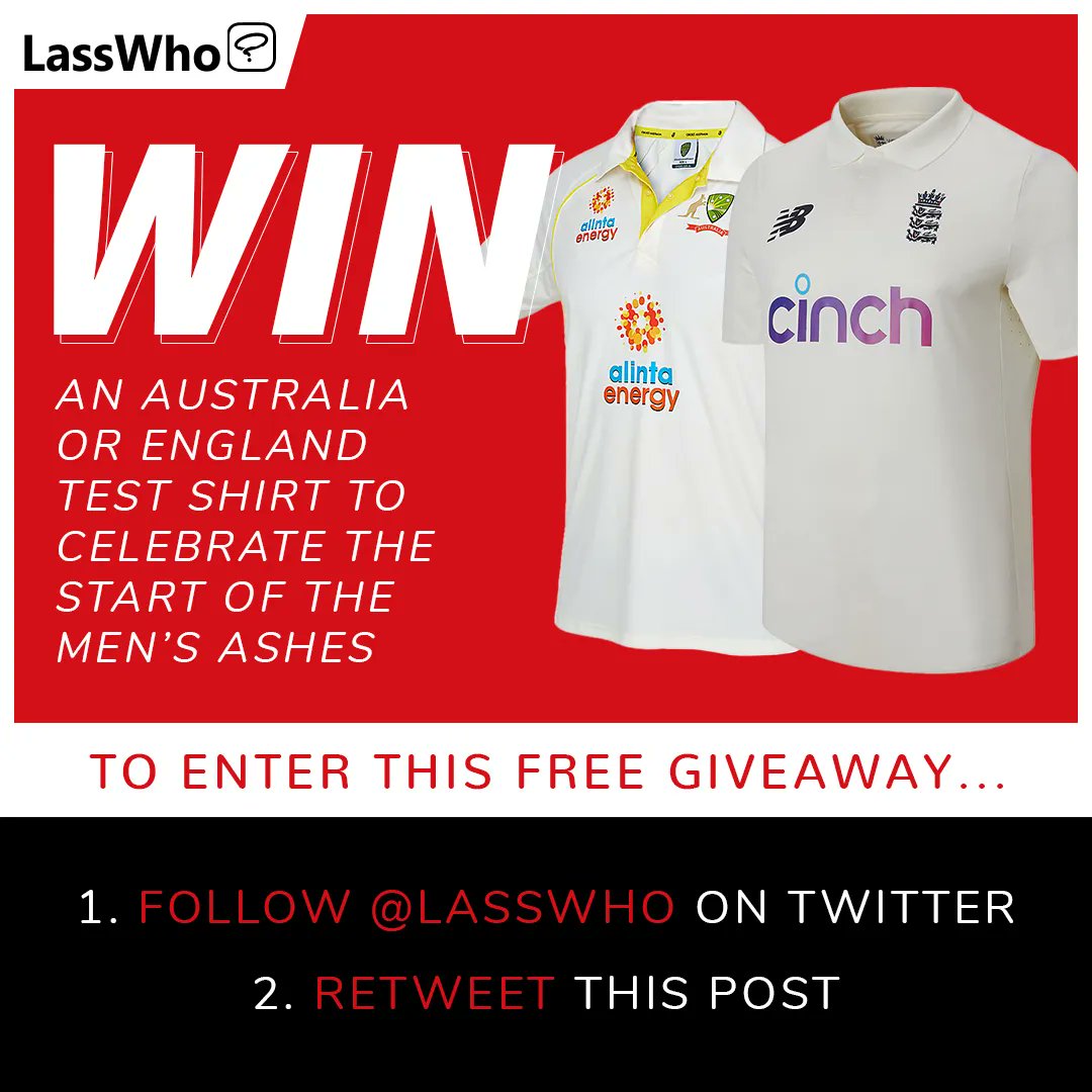 #TheAshes are nearly here, and to celebrate we're giving away an Australia OR England Test shirt! 🏏

To enter this free giveaway:
1️⃣ Follow us <a href="/LassWho/">LassWho</a>
2️⃣ Retweet this post

Winner announced Monday 6th December 🎁

Good luck! 🏏

#LassWho #CricketTwitter