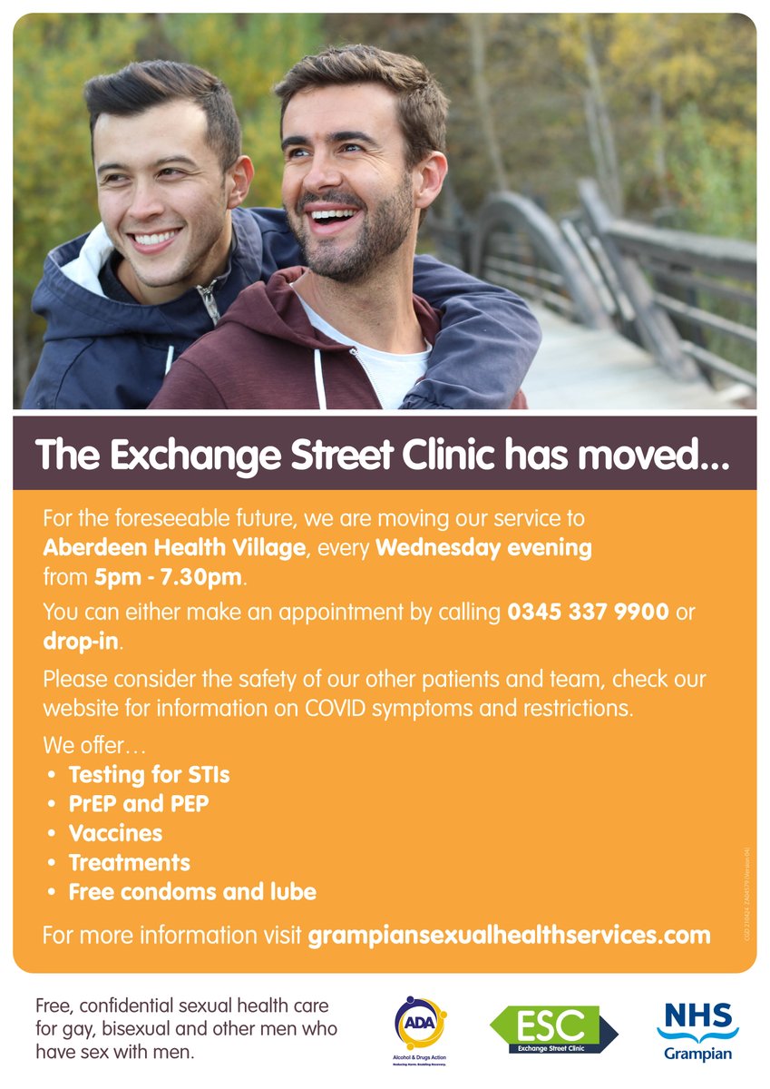 #ICYMI <a href="/NHSG_SHS/">NHSG Sexual Health</a>'s service for #gay, #bisexual and all other #MSM has re-opened. We have temporarily relocated <a href="/ExchangeSt7/">Exchange St Clinic</a> to Aberdeen Health Village. You can drop-in on Wed evenings 5pm-7:30pm or phone 0345 337 9900 to book an appointment. Buzz to enter. <a href="/HSCAberdeen/">Aberdeen City HSCP</a>