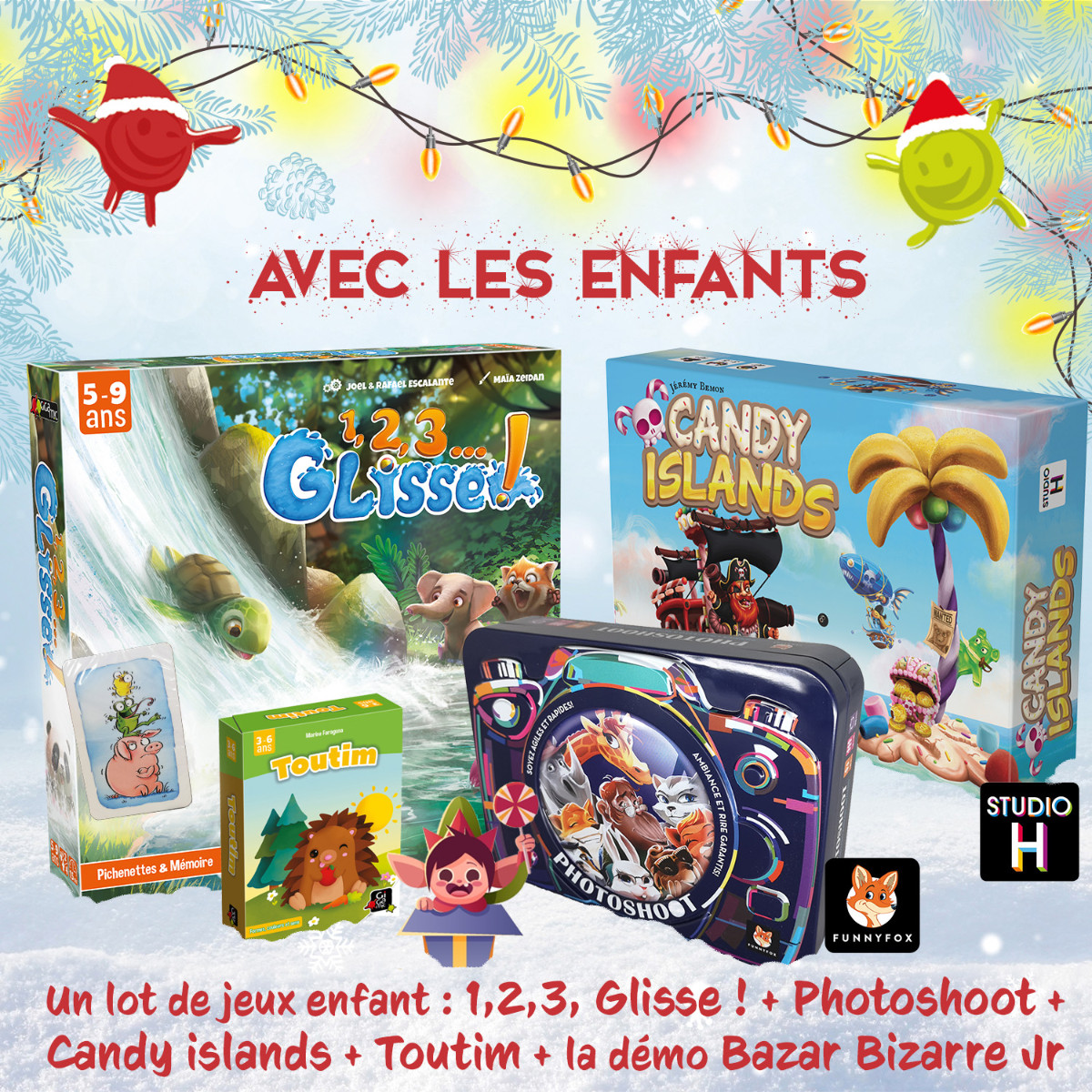 Gigamic's tweet photo. 🎁S1 - Gigalendrier de Noël🎄
C'est parti ! 🎉

On commence cette 1ère semaine de cadeaux par un lot de #j2s enfants : #123Glisse #CandyIslands #Photoshoot et #Toutim. 🎅

Pour participer
➡️ Follow @Gigamic, @FunnyfoxGames et @Studio_H_Games
➡️ RT ce tweet avant le 05/12 minuit https://t.co/pFODyEg71T