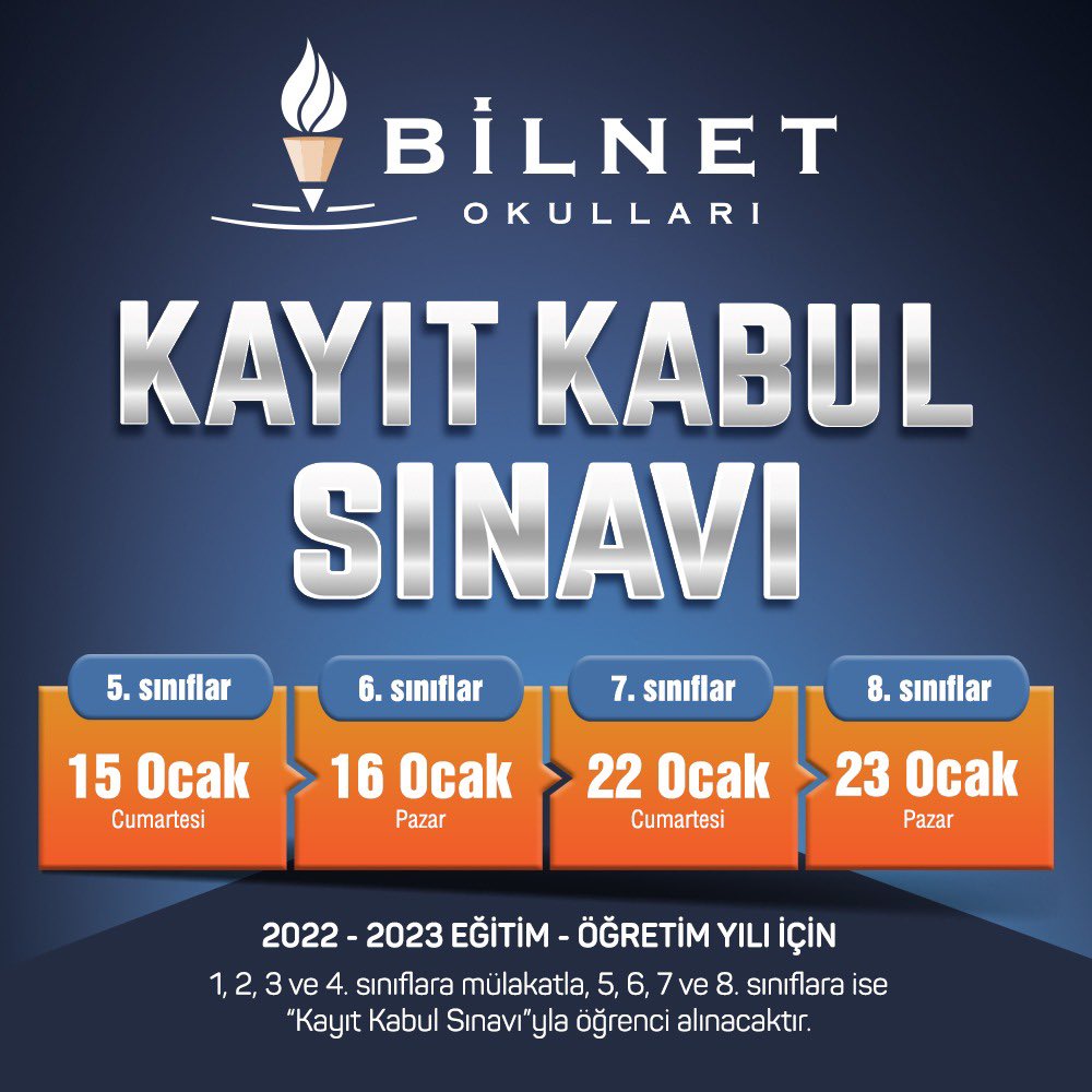 2022-2023 Eğitim-Öğretim yılı için 1, 2, 3 ve 4. sınıflara mülakatla; 5, 6, 7 ve 8. sınıflara ise "Kayıt Kabul Sınavı"yla öğrenci alınacaktır. Sınavlarda başarılı olan öğrencilere, belirlenen oranlarda eğitim bursu verilecektir.

Detaylı bilgi ve başvuru: sinavbasvuru.bilnetokullari.com