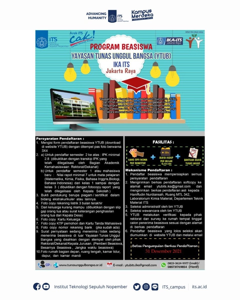 its_campus's tweet photo. Keterangan Lebih Lanjut : https://t.co/bomluv1kXW
Kontak : Haniffudin Nurdiansah, M.T. (085731769854)
#ITSCampus #ITSSurabaya #ProgramBeasiswa #YayasanTunasUnggulBangsa https://t.co/nAFNi5Ajng