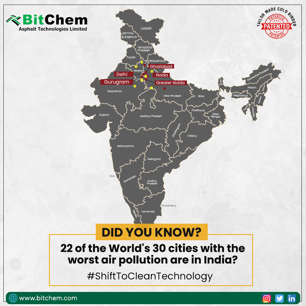Bitchem_SM's tweet photo. #Didyouknow Air pollution is ranked among the top five global risk factors of mortality and India ranked 5th on WHO's ranking of most polluted countries in 2019.
#ShiftToCleanTechnology #Airpollution #Bitchem #Coldmix https://t.co/NMmqEFydbz
