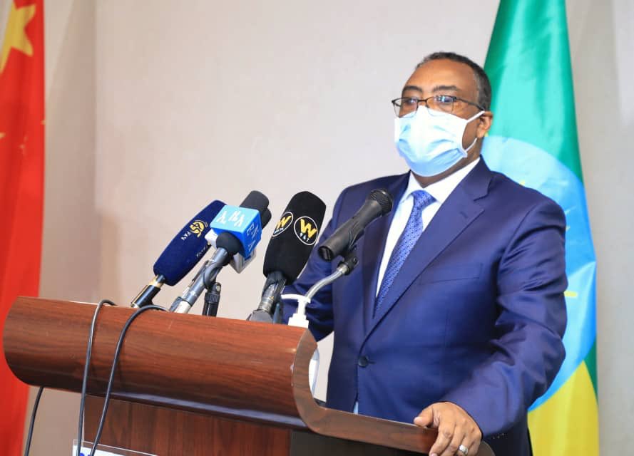 MFAEthiopia's tweet photo. In a joint press briefing w/ H.E. @DemekeHasen, China’s FM, H.E. Wang Yo said his visit today in #AddisAbaba demonstrates #China’s confidence in #Ethiopia &amp; its support for the Govt of H.E. PM Abiy Ahmed. “China stands against any interference in Ethiopia’s domestic affairs.” https://t.co/kuksturG39