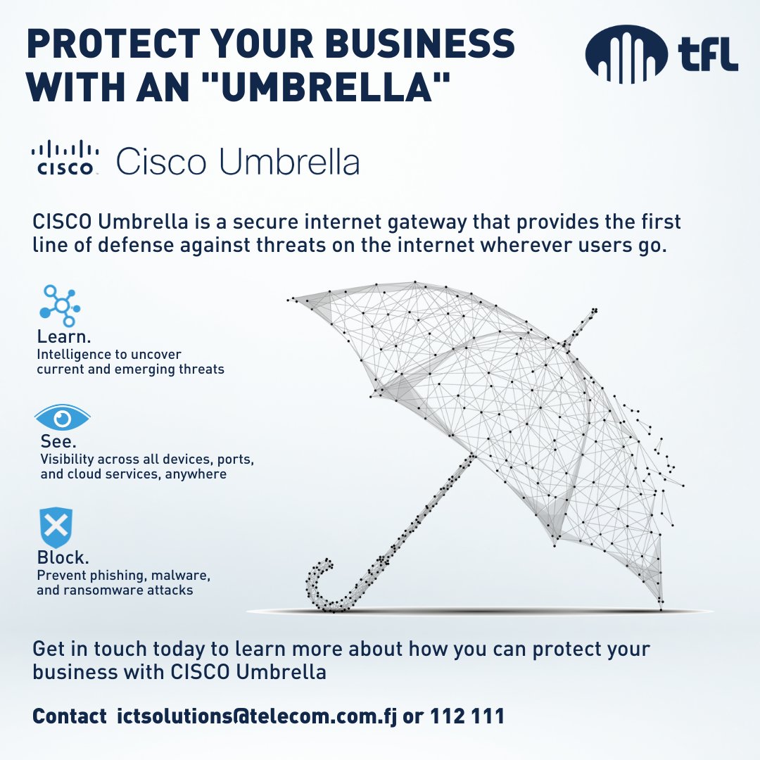 TelecomFJ's tweet photo. New Normal | New Security with Cisco Umbrella
Telecom, along with its partner Cisco, offers complete and customized solutions for your ICT needs.
#TelecomFiji #TelecomEnterprise #CiscoUmbrella #Fiji https://t.co/IvCX4v2bQ6
