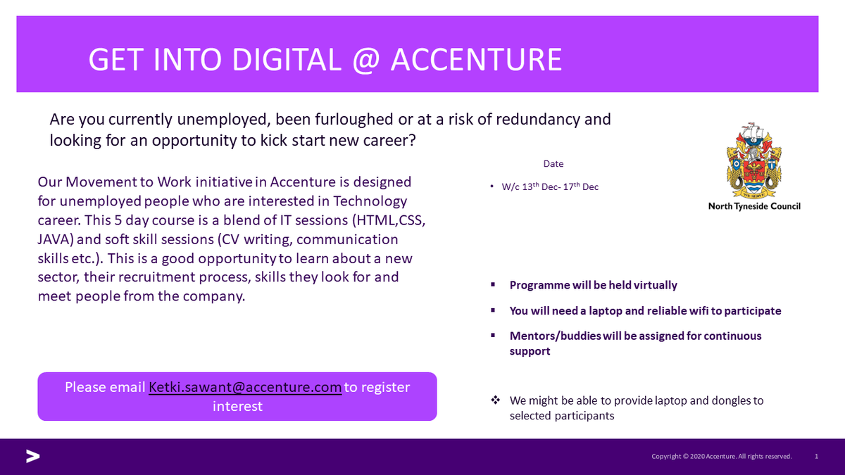 Due to popular demand, we are running further virtual Get into Digital courses with Accenture UK starting 13th December. See attached flyer for further dates and email Ketki.sawant@accenture.com to book on!