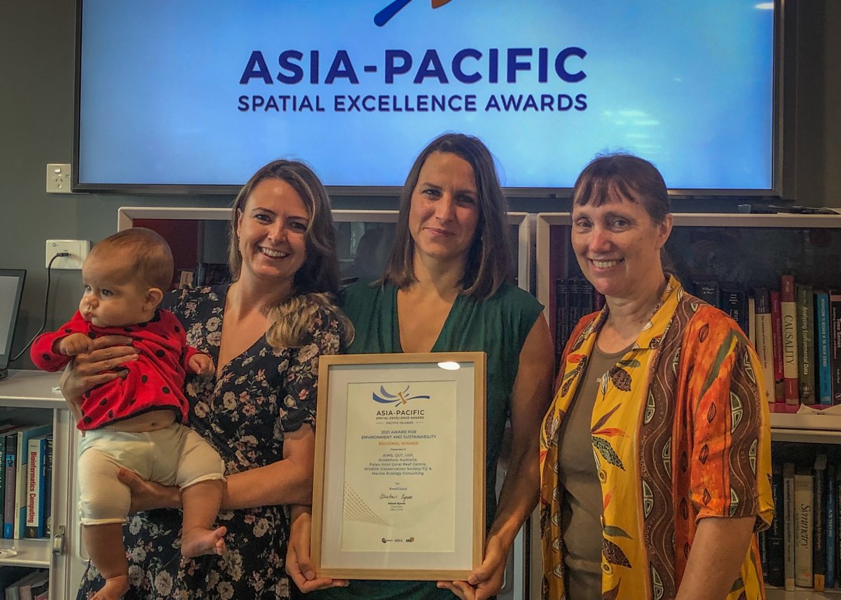 reef_scientist's tweet photo. Collaborating across the Pacific Ocean in a pandemic isn't easy, which is why we're EXTRA stoked to have our joint @PICRCPalau-@wcsfiji-@QUT-@aims_gov_au reef project recognised by #APSEA industry awards! Looking forward to when @yashu_12 @smangubhai @gr_tedi can be in the photo! https://t.co/No0ga8wCXi