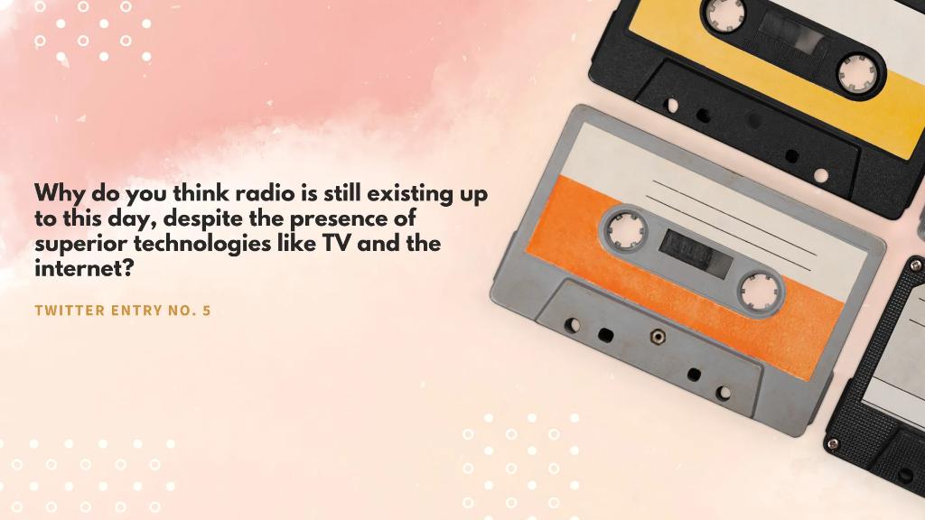 MeriamC_HagenA's tweet photo. Because of its portability, radio continues to exist today. When people want to multitask, they often turn to the radio for entertainment or for updates. Also, one of the most compelling reasons for radio's existence is to allow
 the—

[1/2] 

#MILMotionAndAudioMedia
#HagenA https://t.co/jnWrHpnUdN