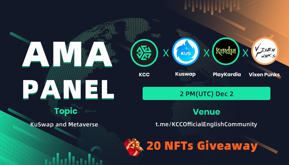 #Metaverse on #KCC is happening🎉
This Thursday, we will invite <a href="/kuswapfinance/">KuSwap Finance - (v3 is LIVE 🔥)</a>  and two metaverse projects <a href="/vixen_punks/">VixenPunks</a> @PlayKardia to have a AMA panel in KCC main chat!
🎁20 NFTs Giveaways on the AMA
🥳Many fun events for you to participate
Join here: t.me/KCCOfficialEng…