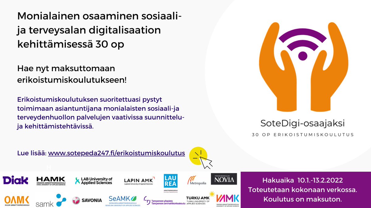 Sinustako tulevaisuuden SoteDigi-osaaja? Haku maksuttomaan erikoistumiskoulutukseen alkaa 10.1.2022. Lue jo nyt lisää ja valmistaudu hakuun! #sotedigi #sote #sotepeda247 #erikoistumiskoulutus #digitalisaatio Lisätiedot: sotepeda247.fi/erikoistumisko…