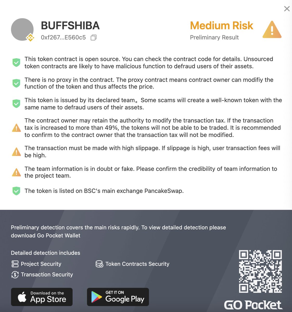 GoPlusSecurity's tweet photo. Dear Community!
Your submitted token security report 👉#BUFFSHIBA @buffshibainu 

 Want do research for another token?
enter contract address, for example #BUFFSHIBA 
0xf2673f49d2737f97d70995eD43D128E0B8E560c5
Here https://t.co/Zk4hytN2zy

#memecoin #BSCGems #BSC #cryptocurrency https://t.co/0yZSzD3zuc