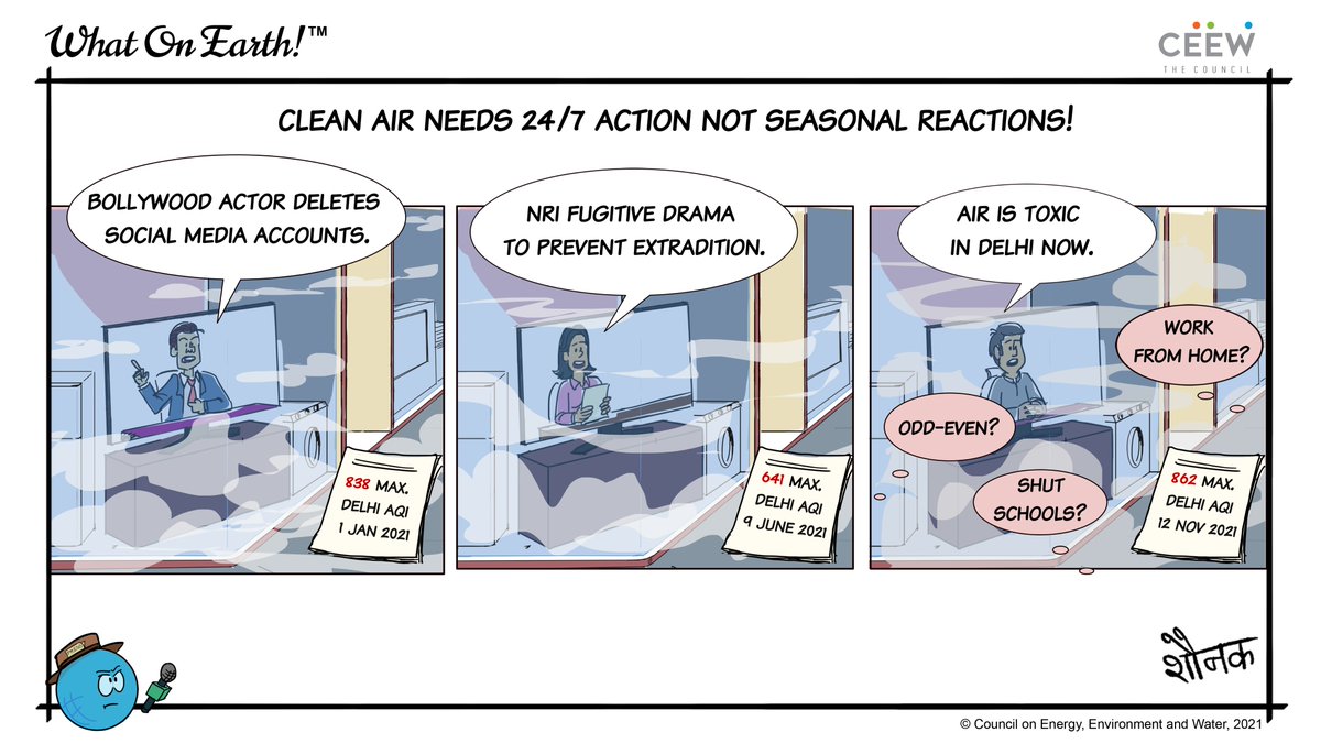 CEEWIndia's tweet photo. On the eve of National #Pollution Control Day, #WhatonEarth!🌍 looks to the fourth estate to amplify citizens’ need for safe, #cleanair every day of the year.
#AirPollution #AirQuality #AirQualityIndex #DelhiPollution #DelhiAirPollution #webcomic #cartoon https://t.co/MFSUPJCOp9