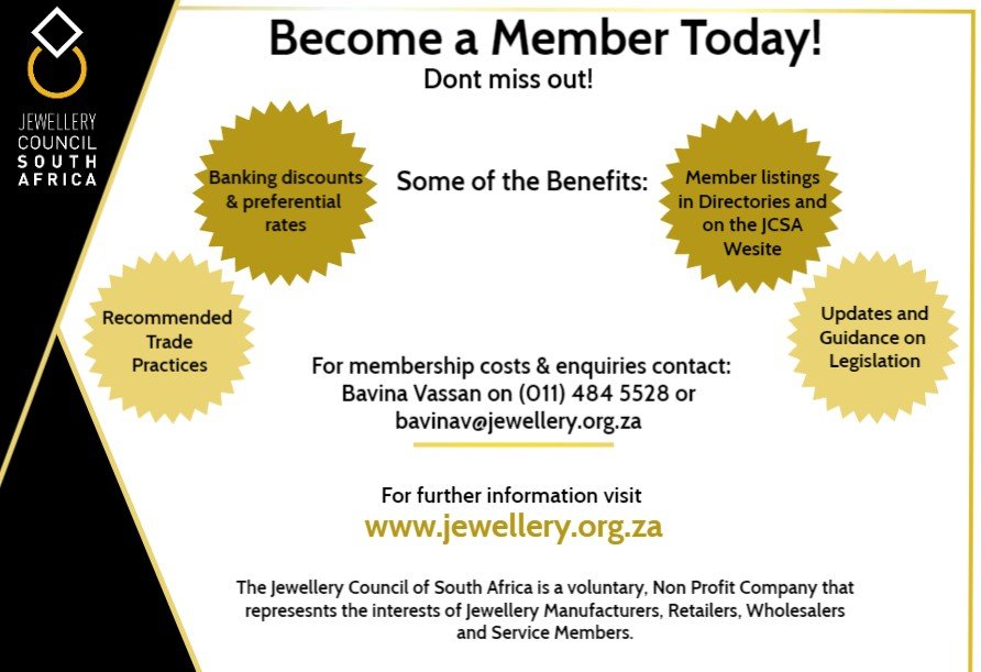 TheJCSA's tweet photo. #JewelleryCouncilofSA
#Becomeamembernow!
#Dontmissout
#Benefits
#Letushelpyou https://t.co/lZ856MJYEq