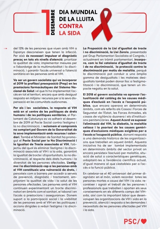 Socialistes LGTBI (@socialisteslgtb) on Twitter photo 🔴 Avui, 1 de desembre, és el Dia Mundial de la lluita contra la #SIDA
📆 Enguany commemorem els 40 anys del primer diagnòstic de sida en el món.
➡️ Objectiu: Posar fi al #VIH com a
amenaça per a la salut
pública l’any 2030.
♥️ Llegeix el nostre manifest!👇
<a href="/socialistes_cat/">Socialistes PSC/❤</a> 🔴 Avui, 1 de desembre, és el Dia Mundial de la lluita contra la #SIDA
📆 Enguany commemorem els 40 anys del primer diagnòstic de sida en el món.
➡️ Objectiu: Posar fi al #VIH com a
amenaça per a la salut
pública l’any 2030.
♥️ Llegeix el nostre manifest!👇
<a href="/socialistes_cat/">Socialistes PSC/❤</a>
