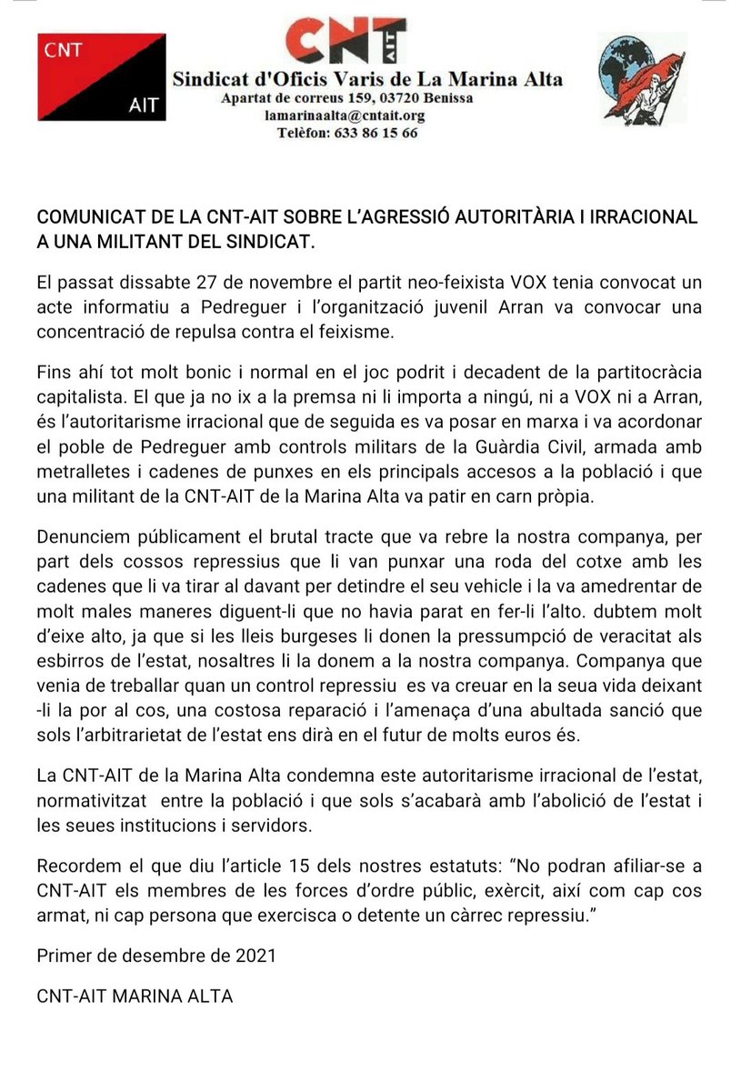 aitsltcma's tweet photo. Comunicat de la #CNTAIT de la #marinalta @aitsltcma @cntait_levante @FraguaSocial @CANFALIma @LaMarinaPlaza1 https://t.co/9oL9WzyO23