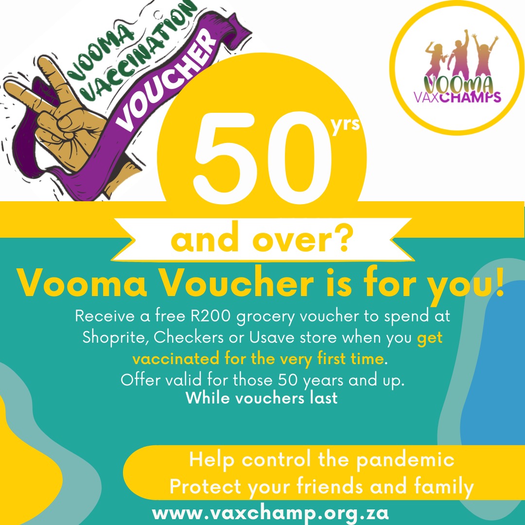 ThebeOmolemo's tweet photo. Good news for over 50+. The Vooma Voucher has been increased from R100 to R200 for those who vaccinate for the first time during November and December. The 23 000 people who initially received R100 will now be given a surprise R100 extra.
@VaxChampsSA https://t.co/DuyqZhi7MU