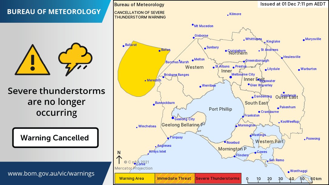 BOM_Vic's tweet photo. ⚠️Metro Severe Thunderstorm Warning CANCELLED. Severe storms are no longer occurring in the #Melbourne area, however showers & non-severe storms may still contribute to localised flooding. Take care - and if it's flooded, forget it! #15toFloat
https://t.co/x4F1GmIHeH #MelbWeather https://t.co/PCKhJWFWhn