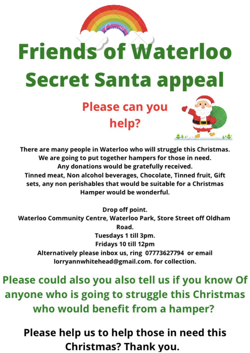 WaterlooPk's tweet image. Friends of Waterloo Secret Santa Hamper appeal. 
Please donate if you can?
Please ring 07773627794 or email lorryannwhitehead@gmail.com for collection.