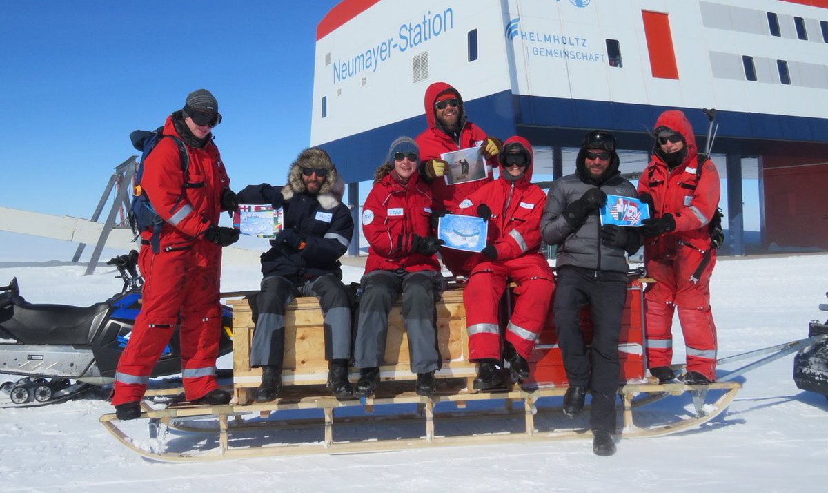 AntarcticJenny's tweet photo. Happy #AntarcticaDay! On this day in 1959, the Antarctic Treaty was signed. 

Some of the flags designed by schools in our @UKPolarNetwork #AntarcticFlags project have already made it down south, here with @AWI_Media! 🇦🇶 https://t.co/L1QfqLeSkU
