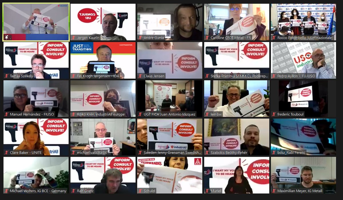 industriAll_EU's tweet photo. Members of the @industriAll_EU Executive Committee together with @etuc_ces call on @Europarl_EN to adopt the report demanding more #democracyatwork. Without worker participation, there will be no #JustTransition for millions of workers affected by the green &amp; digital transitions. https://t.co/TxHY0kV3e4