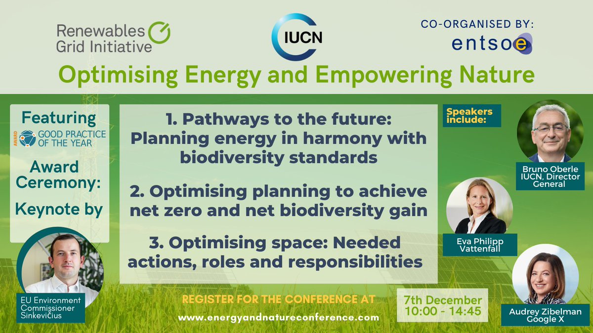 RenewablesGrid's tweet photo. What awaits you at #EnergyandNature conference? 🌱
💡 Concrete solutions for a #nature enhancement in a #renewables-based #energy system
📢 Diverse high-level speakers
👑 Award ceremony of #GoodPracticeAward2022
💫 Best practice fair
Register 👉https://t.co/TzQzRdWxEO https://t.co/Sd7yqaqCN2