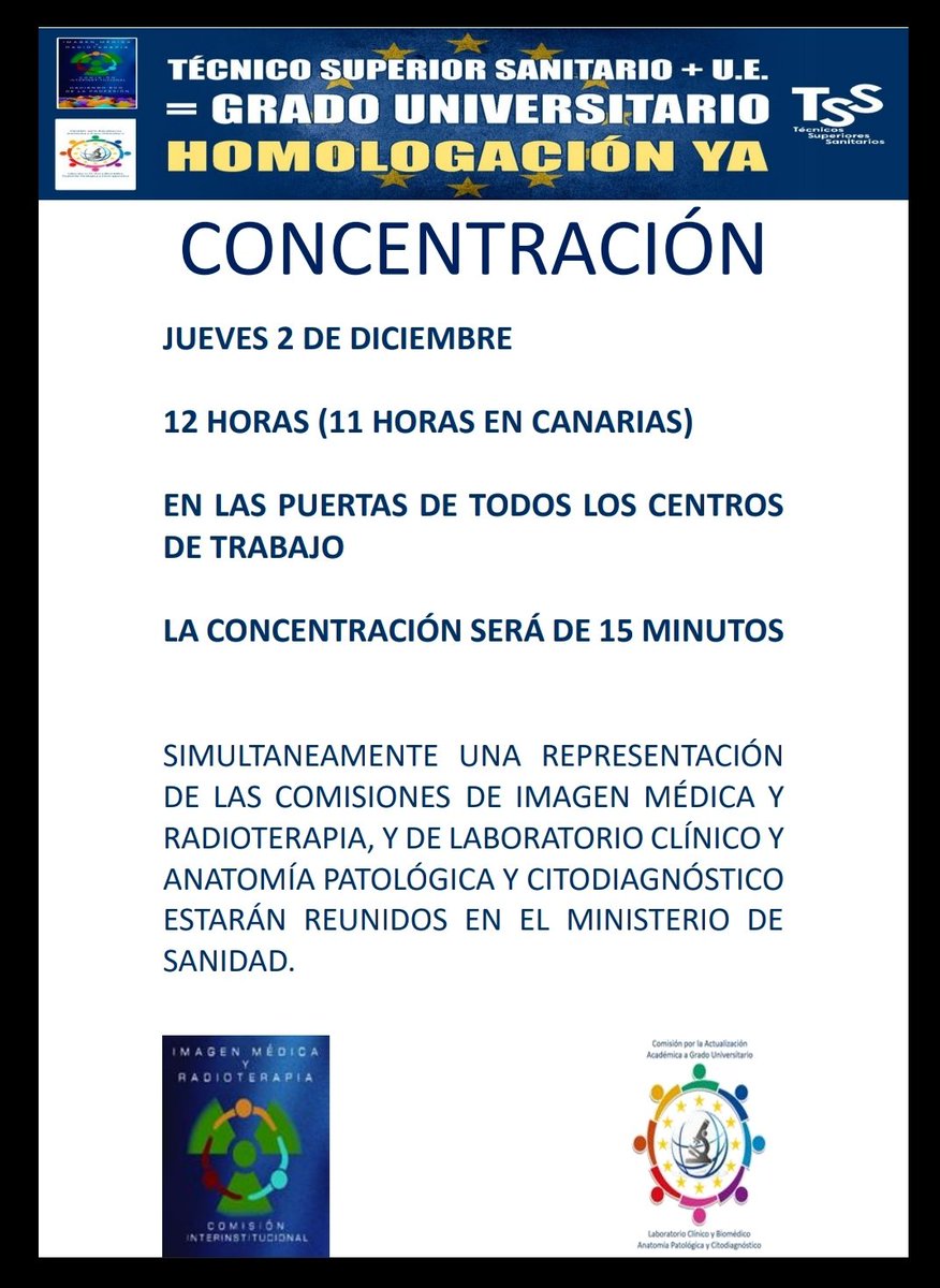 beatriz_tsdyas's tweet photo. Mañana a las 12h (11h en Canarias) nos concentramos en las puertas de los centro de trabajo en apoyo a los compañeros de #TSLDC #TSAPC #TSID y #TSRT
Por la homologación con Europa, por el grado universitario y porque #JuntosSomosMás #TSS
@SietessTecnicos @setss_tss https://t.co/mY547VcFY6