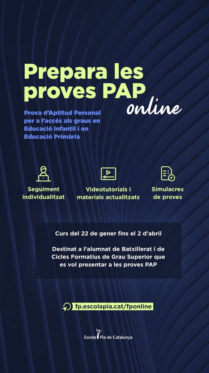 FPescolapiaGrn's tweet photo. Inscripcions obertes a la formació online per preparar les #provesPAP. 
Prova d'Aptitud personal per a l'accés als graus en Educació Infantil i Educació primària. 
Més informació: https://t.co/1RnLipY3WL https://t.co/WXvVDjXJnM
