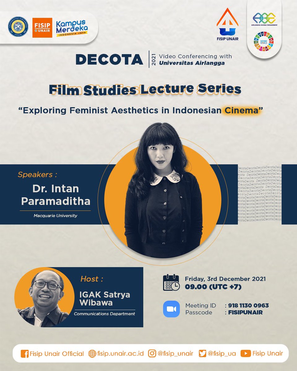 I will give a lecture on feminist aesthetics in Indonesian cinema this Friday at <a href="/Unair_Official/">Universitas Airlangga</a>, focusing on three women directors: Nan Achnas, <a href="/moulysurya/">Mouly Surya</a>, and Ida Farida.