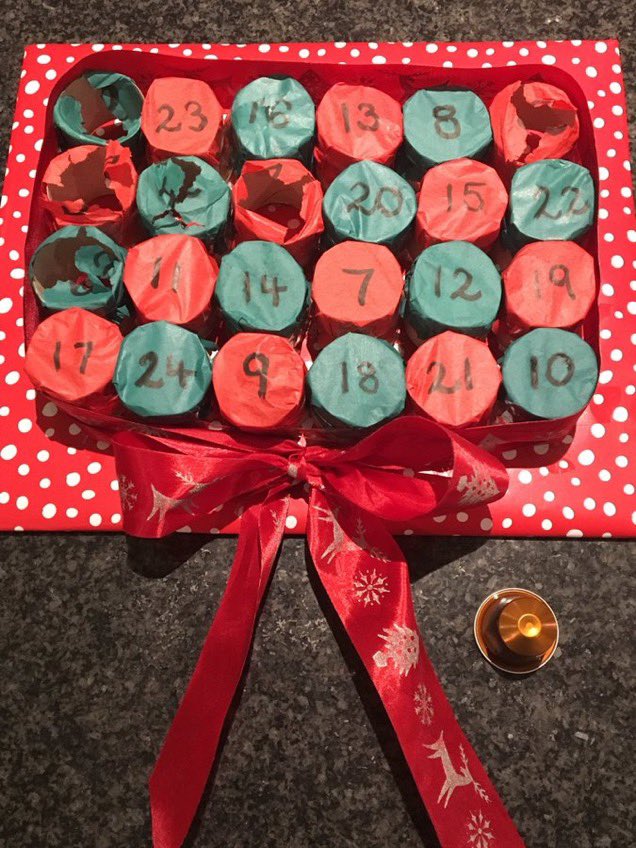 stevemcnicol's tweet photo. @rachelburden A couple of years ago my kids made me the perfect advent calendar - loo rolls, tissue paper and coffee pods!!! Great way to start each morning. We Tweeted a well known coffee supplier who now sell a very glamorous equivalent - but it just doesn’t have the character! https://t.co/dZ32rzdgeh