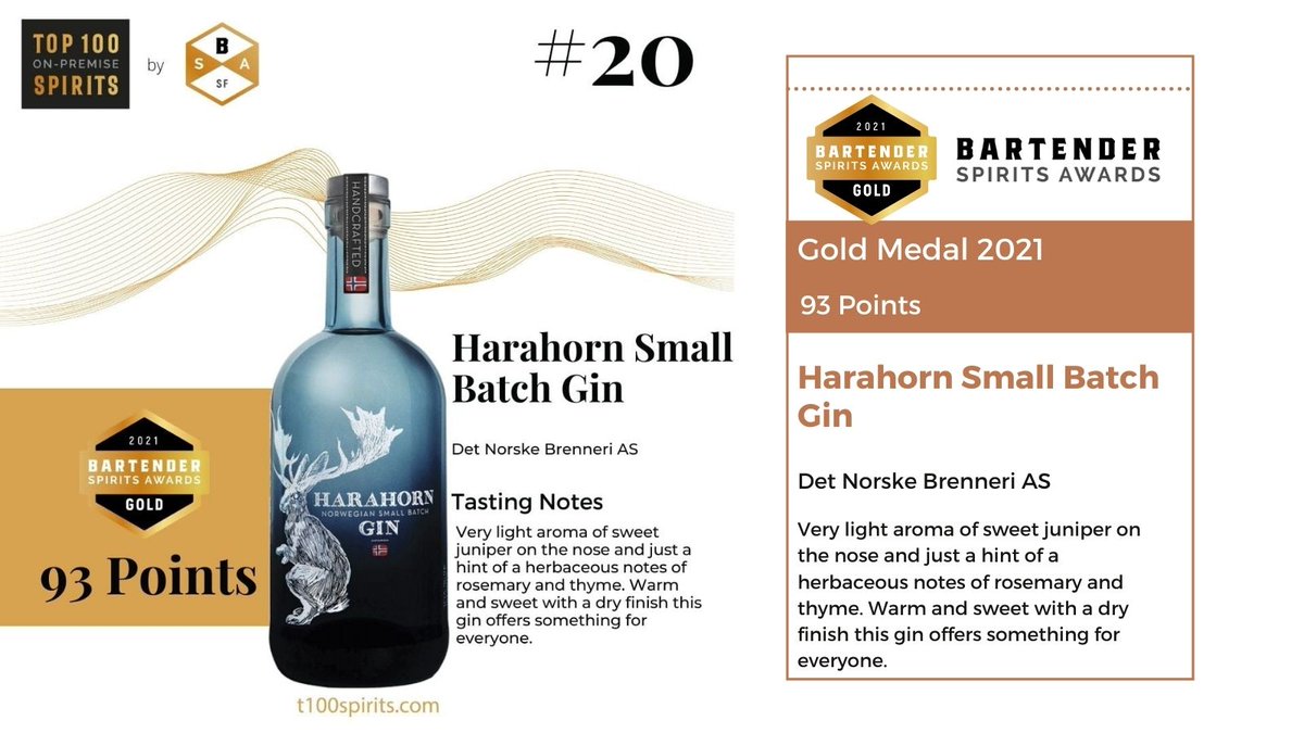 Harahorn Small Batch Gin by #detnorskebrenneri won a #goldmedal at the 2021 <a href="/BartenderAwards/">Bartender Spirits Awards</a> and was placed at no. 20 in the <a href="/Top100SpiritBSA/">Top 100 On Premise Spirits</a>  list!⠀⠀

Congratulations to the entire team on this victory!

#ginandtonic #vodka #ginstagram #ginlovers #gintonic #ginoclock