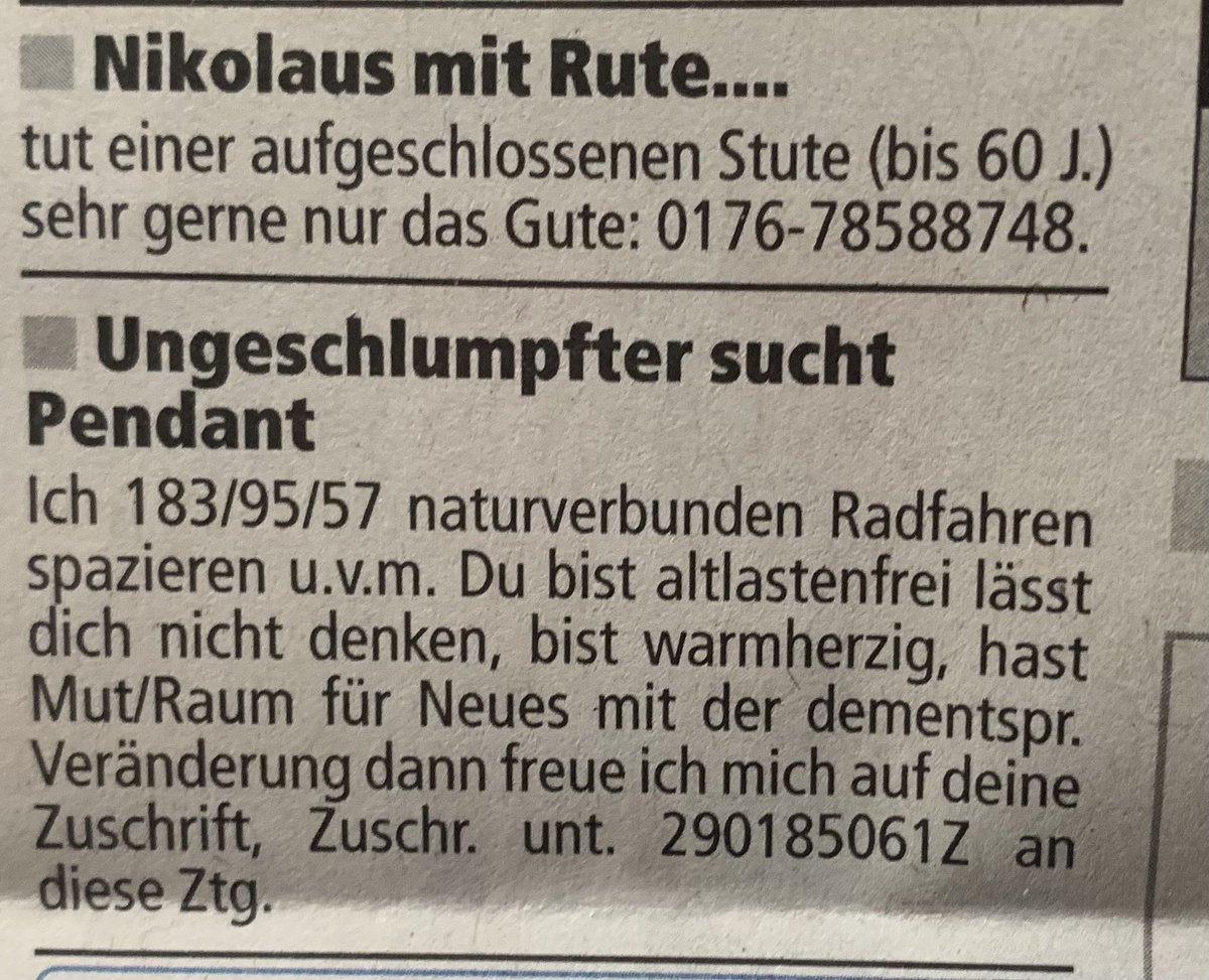 sbamueller's tweet photo. Die #Pandemie tut den Leuten nicht gut. #Kontaktanzeigen heute in der @badischezeitung. #chiffre #ungeschlumpft #ungeimpft #dateing https://t.co/MNkBdIrya7