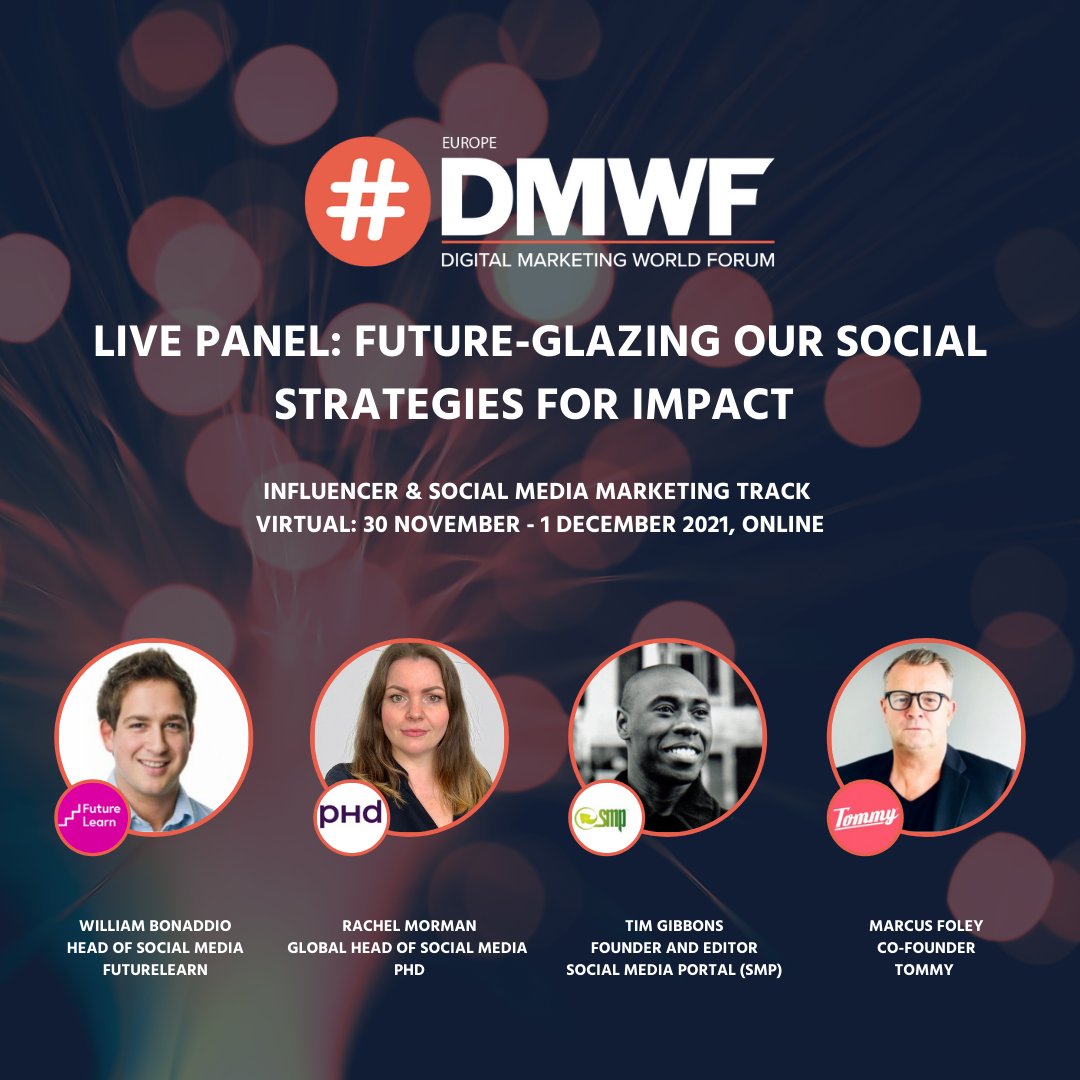 Join me &amp; marketing peers today for the #DMWF 'live' panel 'Future-glazing our social strategies for impact' 

Note the time (10:00 GMT/11:00 CET) bit.ly/3rk8YfP - (registration required) #ad #DMWFEurope 

#marketing #digitalmarketing #socialmedia #contentmarketing